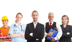 Cinq professionnels représentatifs de différents métiers – ouvrier, infirmière, cadre, juge et chef d’entreprise – illustrant les profils concernés par la réforme des cotisations TNS.