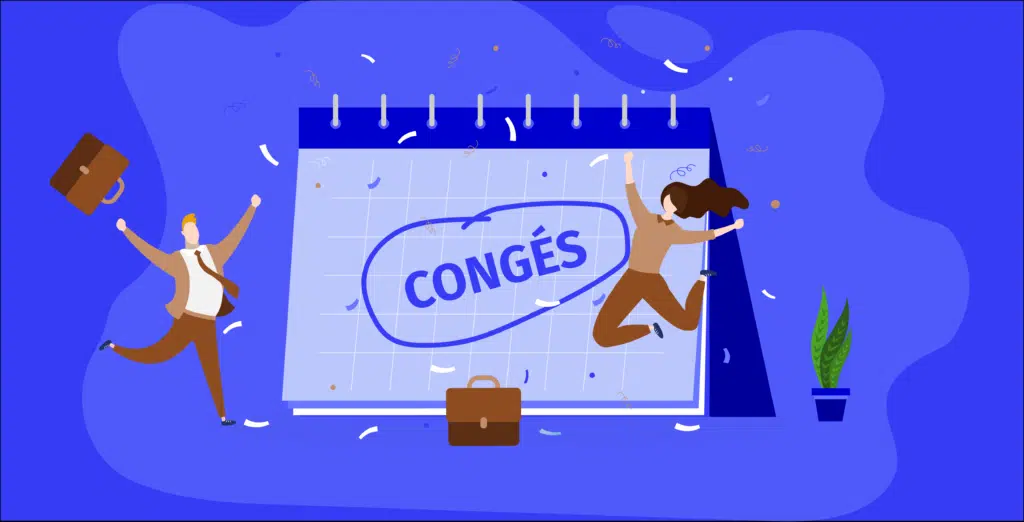 Illustration d’un calendrier marqué "congés" avec deux salariés heureux de partir en vacances – congés payés en entreprise