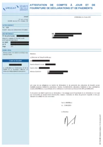 Exemple d’attestation de vigilance URSSAF (compte à jour) avec code de sécurité et date de validité pour les contrats de sous-traitance.