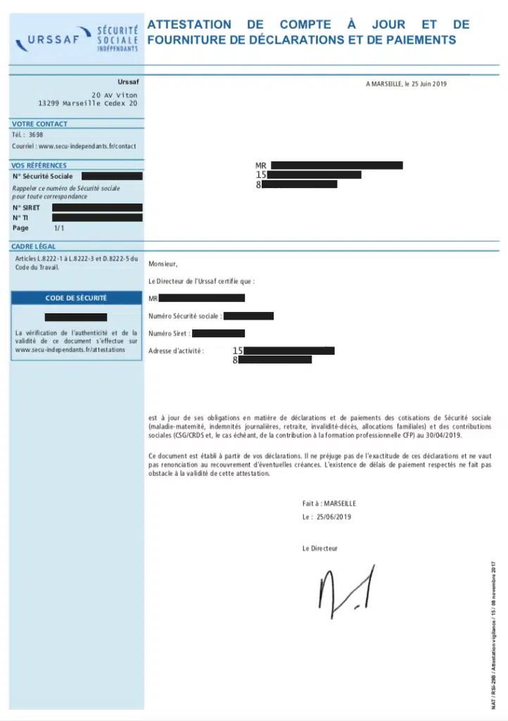Exemple d’attestation de vigilance URSSAF (compte à jour) avec code de sécurité et date de validité pour les contrats de sous-traitance.