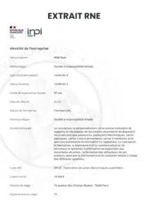 Exemple d’extrait RNE (Registre national des entreprises) délivré par l’INPI avec les informations d’une société