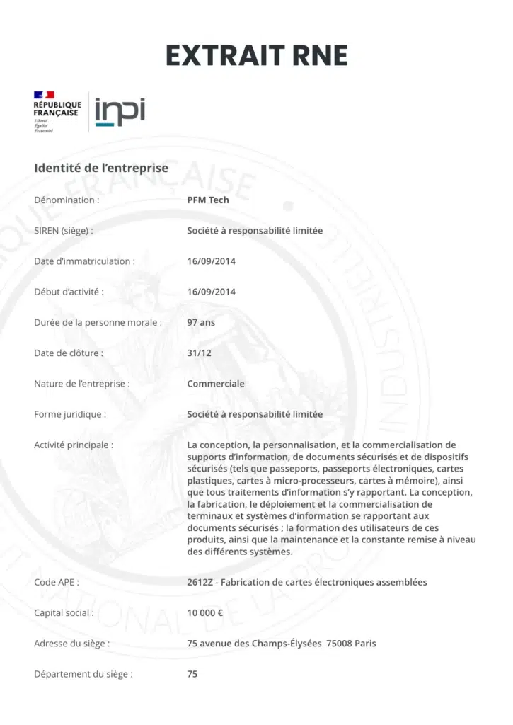 Exemple d’extrait RNE (Registre national des entreprises) délivré par l’INPI avec les informations d’une société