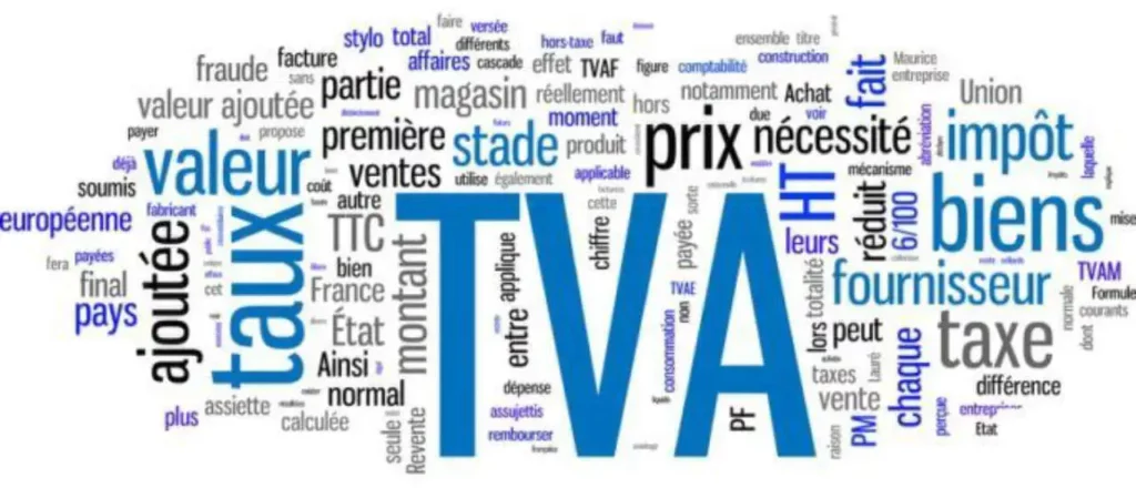 Nuage de mots sur la TVA en France : taxe sur la valeur ajoutée, facturation, prix, fournisseurs, biens et impôt.