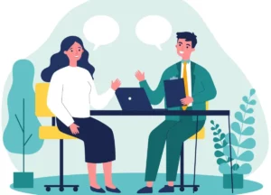 Illustration d’un entretien de parcours professionnel entre un employeur et une salariée, échangeant sur l’évolution de carrière et le maintien dans l’emploi