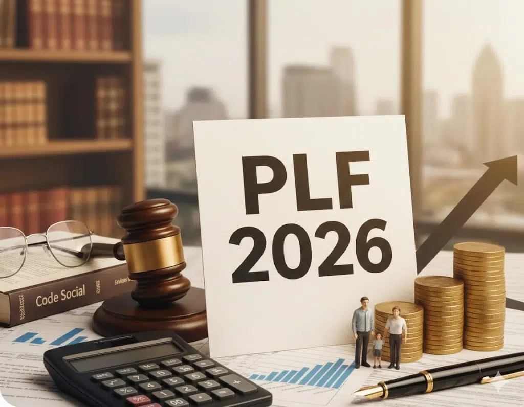 Analyse du Projet de Loi de Finances PLF 2026 sur un bureau d'expert-comptable avec Code Social, calculatrice et graphiques de croissance.