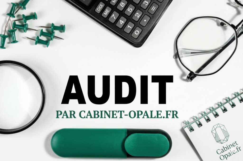 Vue de dessus d'un bureau avec le mot 'AUDIT' au centre, entouré d'une loupe, de punaises, d'une calculatrice, de lunettes, d'un surligneur et d'un carnet avec le logo de Cabinet Opale, spécialisé dans l'expertise comptable et l'audit.