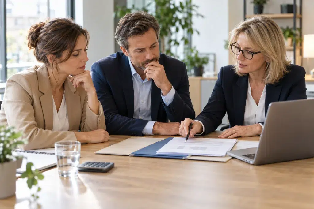 Professionnels libéraux échangeant avec une conseillère sur le choix de leur statut juridique.