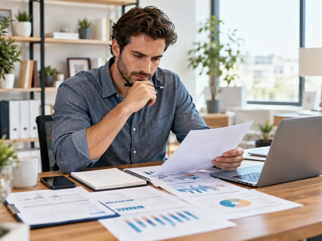 entrepreneur analysant plusieurs documents et options professionnelles